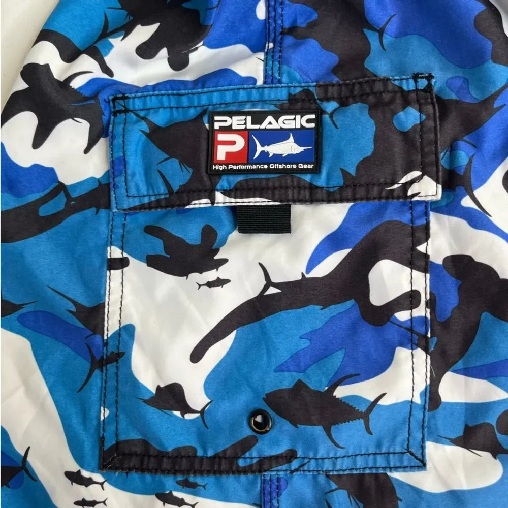 Pelagic Fish Camo Board Short White Black Blue Swim Surf SUP Men Size 34 FLAW